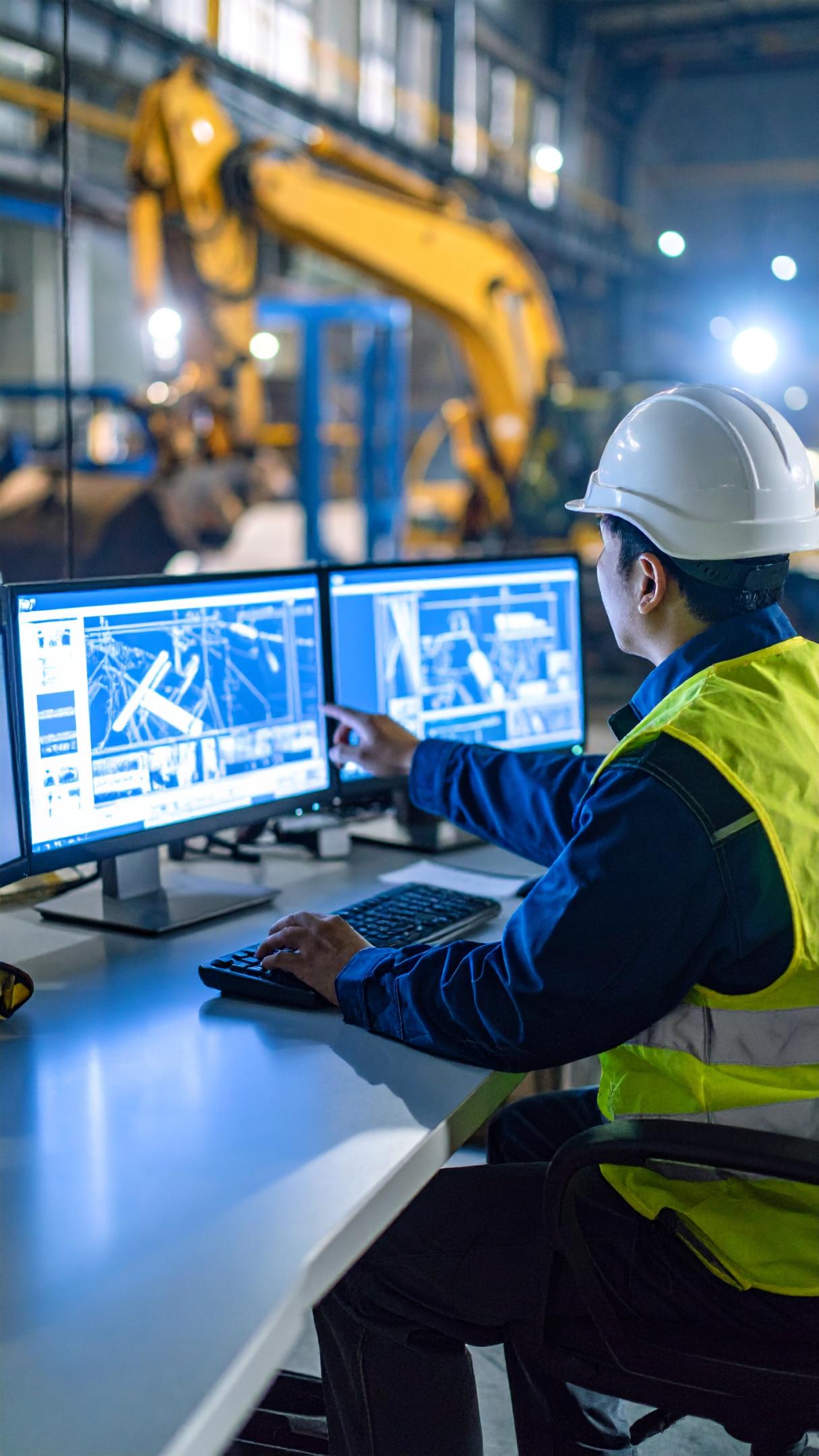 Advanced Control 2 Firefly A mining worker controlling a excavator remotely by two monitor computer on office 518190